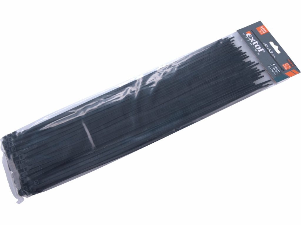 Pásky sťahovacie čierne, 4,8x400mm, 100ks, pr105mm, 22kg, nylon PA66, EXTOL PREMIUM