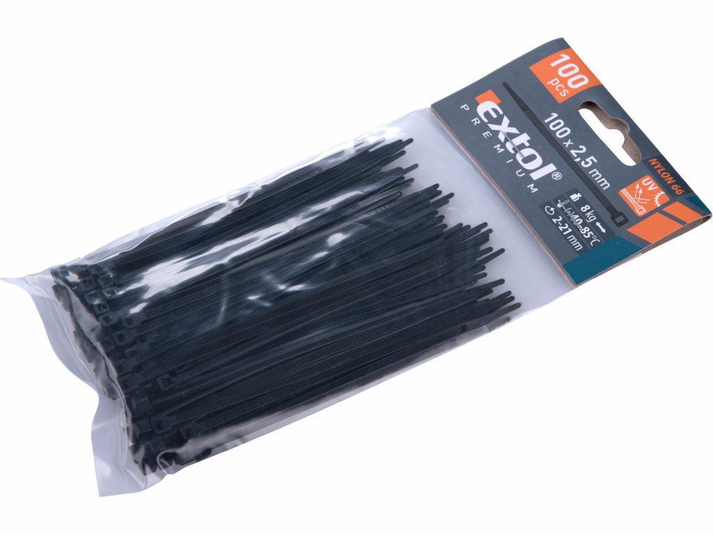 Pásky sťahovacie čierne, 2,5x100mm, 100ks, pr.22mm, 8kg, nylon PA66, EXTOL PREMIUM