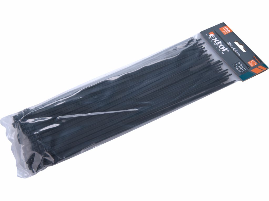 Pásky sťahovacie čierne, 4,8x300mm, 100ks, pr82mm, 22kg, nylon PA66, EXTOL PREMIUM