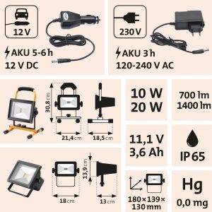 Svietidlo nabíjateľné LED, 20W, 1400lm, 11,1V Li-ion, 4400mAh, IP65, 12+230V