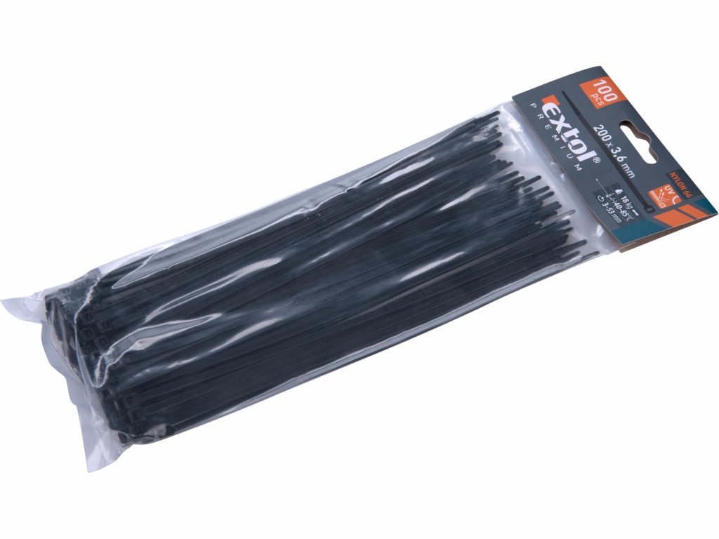 Pásky sťahovacie čierne, 3,6x200mm, 100ks, pr.50mm, 18kg, nylon PA66, EXTOL PREMIUM