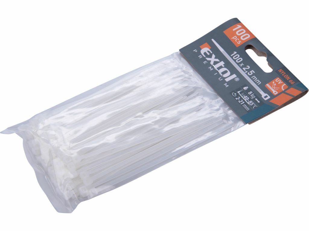 Pásky sťahovacie biele 2,5x100mm, 100ks, pr.22mm, 8kg, nylon PA66, EXTOL PREMIUM